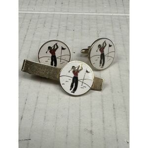 Pair of Vintage Swank White Enamel Golfer Cufflinks And Tie Bar Set
